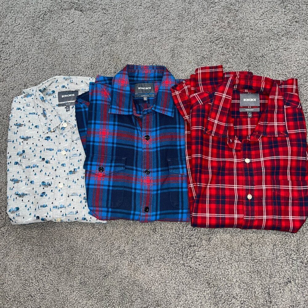 Bonobos Lot of 3 Cotton/Flannel Men's Large Slim Fit Shirts - Excel. Condition